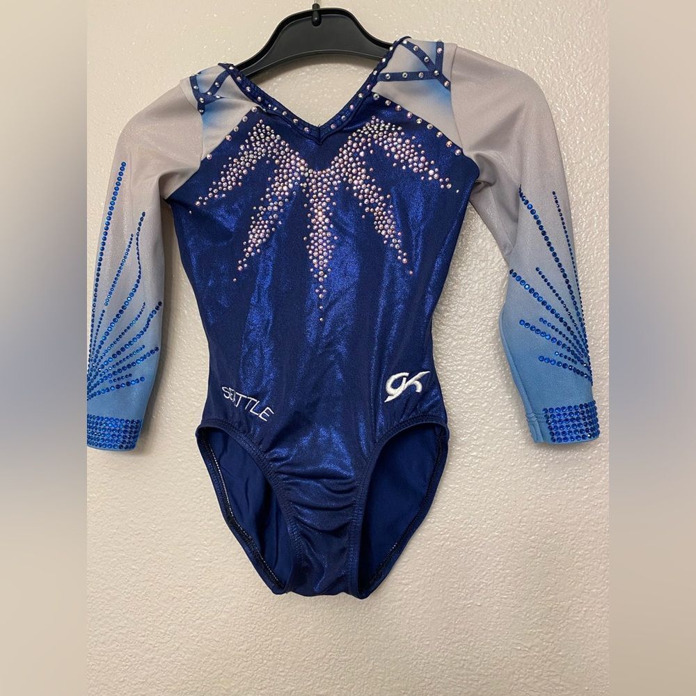 GK elite custom gymnastic competition leotard 3/4 sleeve rhinestoned blue USA CM